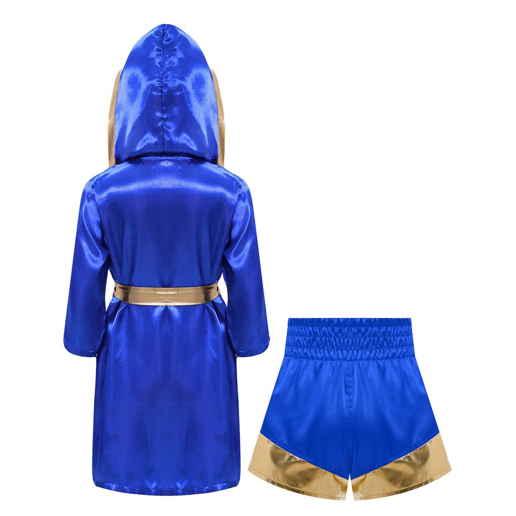 Kids Boys Girls Boxing Outfit Halloween Cosplay Costume Long Sleeve Open Front Metallic Trim Satin Belted Robe Hooded Cloak Sides Slit Shorts