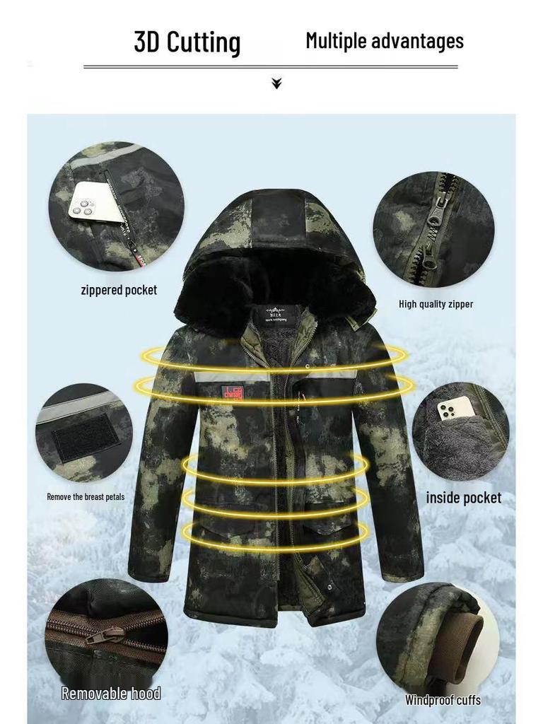 Veste de travail d'hiver pour homme en coton imperméable doublée polaire camouflage
