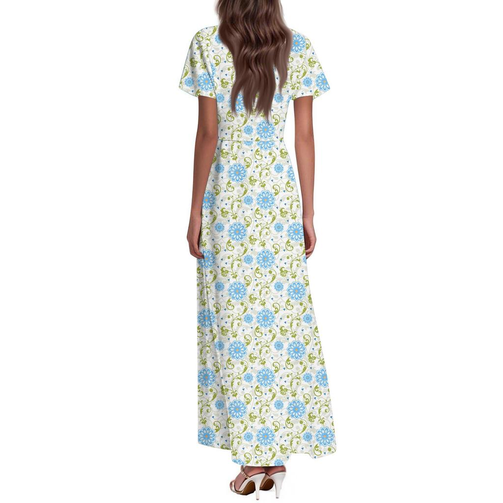 Women's Summer Casual Fashion Print Dresses V-Neck Short Sleeve Dresses