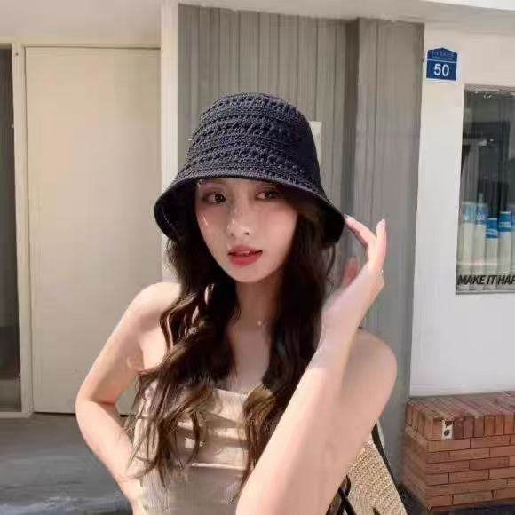 New bucket hat women's summer sunshade sunscreen straw woven basin hat versatile face small wide brim woven hat