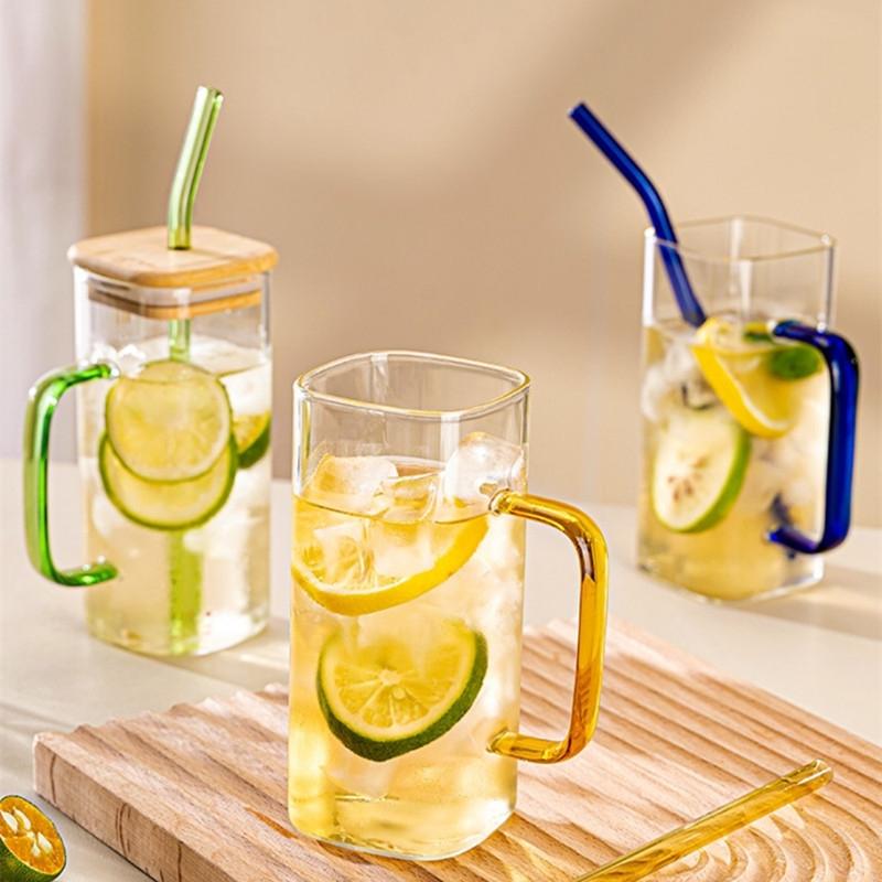 400ml Square Glass Mug With Lid and Straw Breakfast Milk Cup Microwave Safe Transparent Party Beer Coffee Mug Cocktail Tool