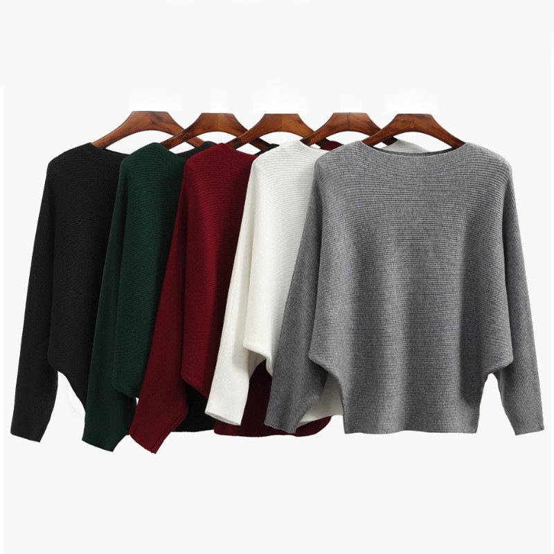 Maglione lavorato a maglia autunnale Maglione elasticizzato Maglione con collo largo Maglione lavorato a maglia da donna Maglione lungo a maniche a pipistrello Maglione largo