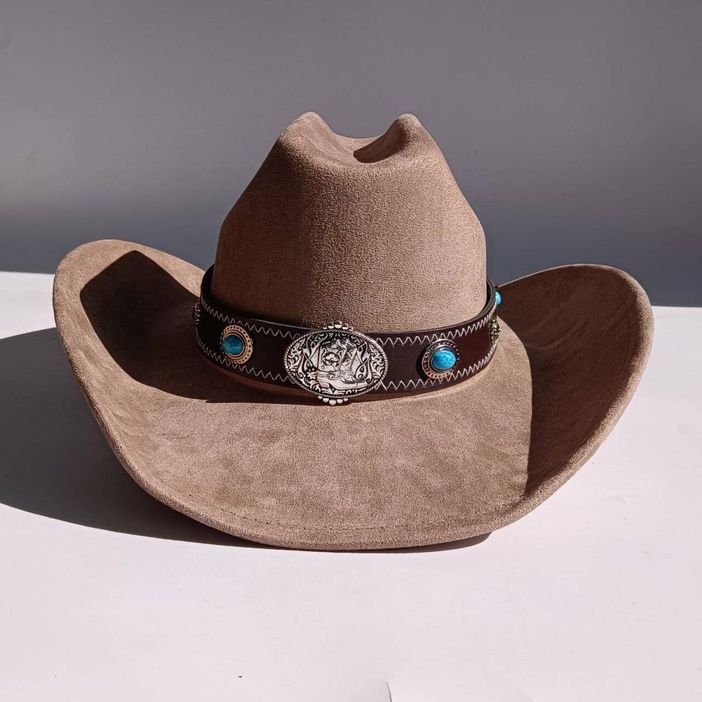 Vegan Suede Wide Brim Rancher Hat Metal Buckle Boot Accessories for Men and Women Cowboy Hat Cattleman Style Unisex Fedora