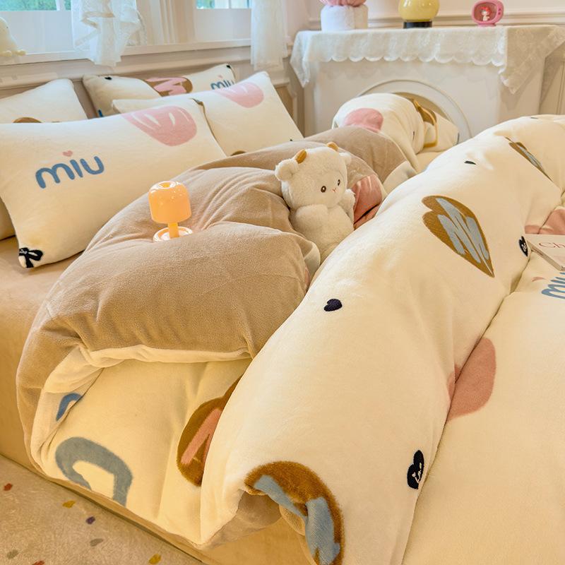 Thickened Milk Fleece Quilt Cover Single Piece Coral Fleece Quilt Cover Four-Piece Set Double-Sided Flannel Fleece