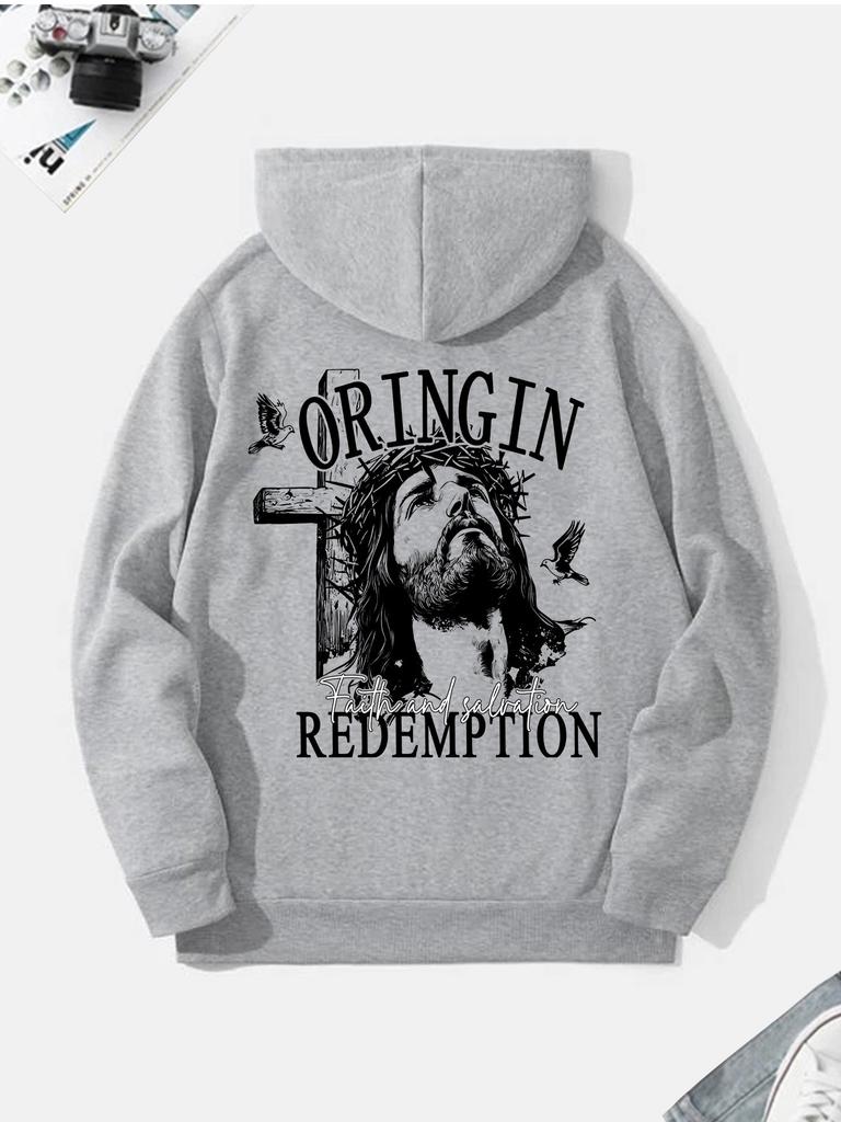 Fashionable autumn men's new retro figure print comfortable soft hooded sweatshirt outdoor urban high street clothing