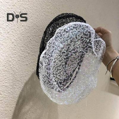 Women Lace Hat Sequin Decor Hollow Out Solid Color Beret Hat Adjustable Head Circumference Thin Prom Party Cosplay Headwear