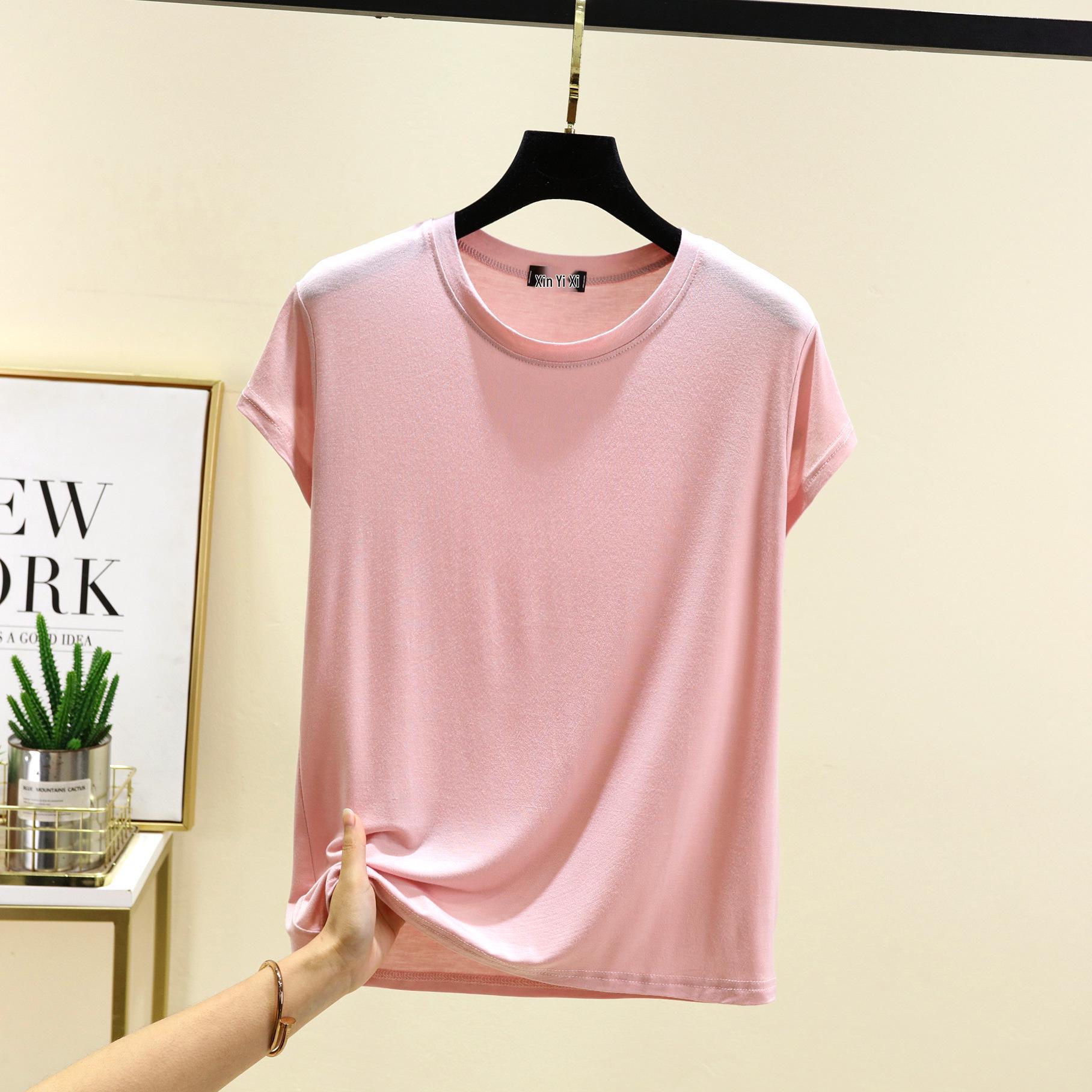 

Женский модальный топ с круглым вырезом и коротким рукавом - Свободный, Легкий, Большого размера, Однотонный Double Extra Large светло-розовый