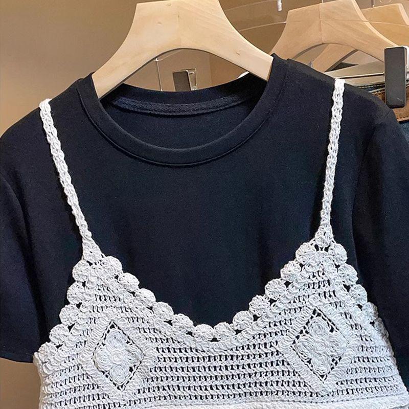 

Women s 2026 Summer Plus Size Lace Camisole and Short Sleeve T-Shirt Set - Slimming, Fashionable & Unique 2XL