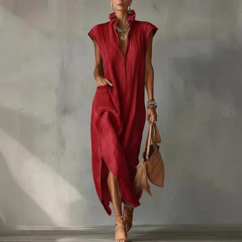 Abbigliamento Donna Estate Stile Europeo Abito Lungo Cotone Senza Maniche Monocolore Vestibilità Larga Scollo a V Casual