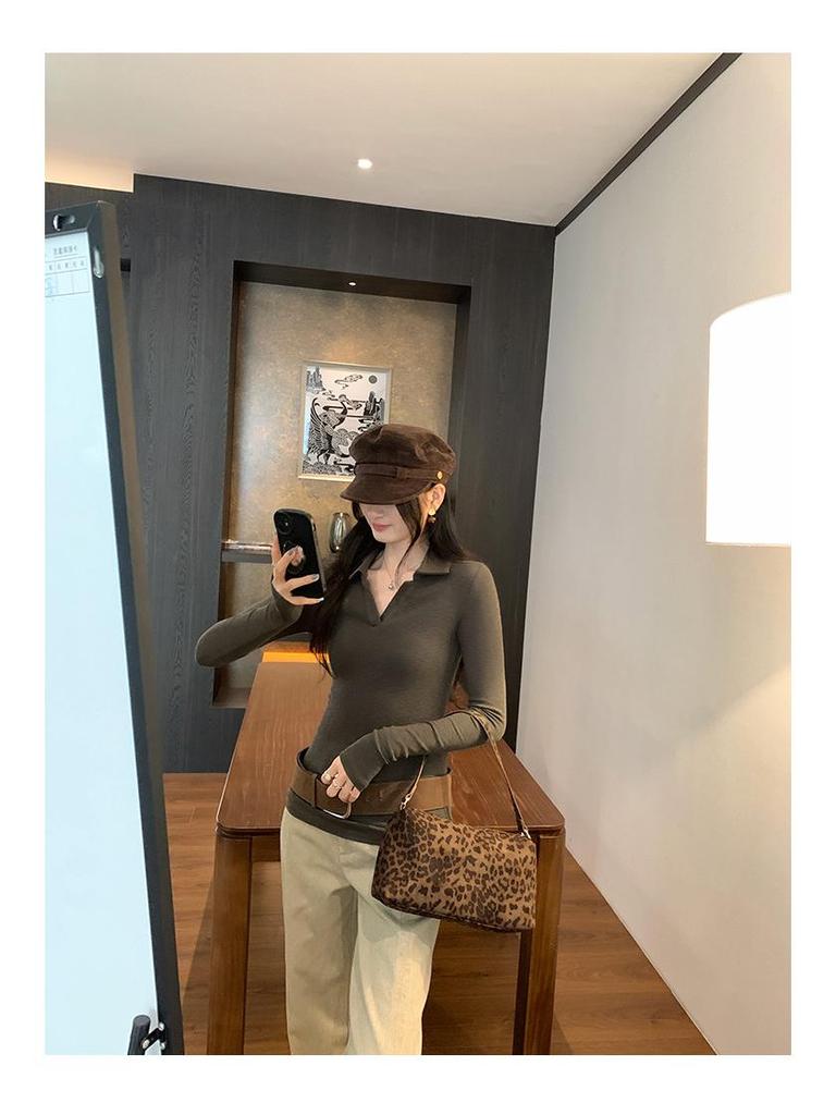 Elegant Korean Style Grey Slim Fit Lapel T-shirt: Women's Autumn/Winter Long Sleeve Base Layer Top