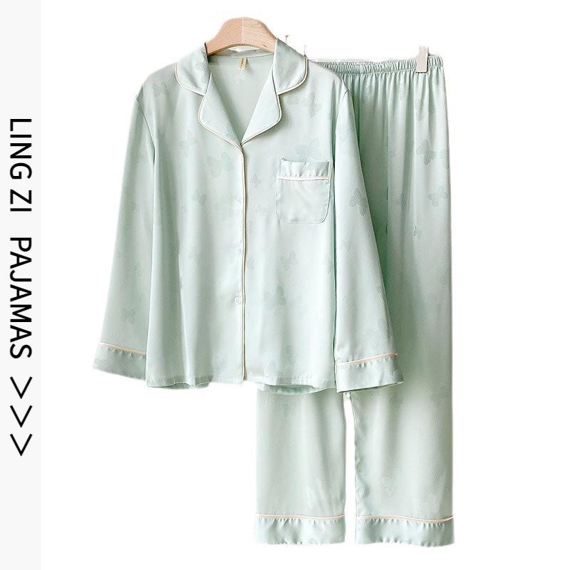 1111 new women's ice silk pajamas v-neck thin long-sleeved trousers Internet celebrity explosion fresh loungewear can be worn outside