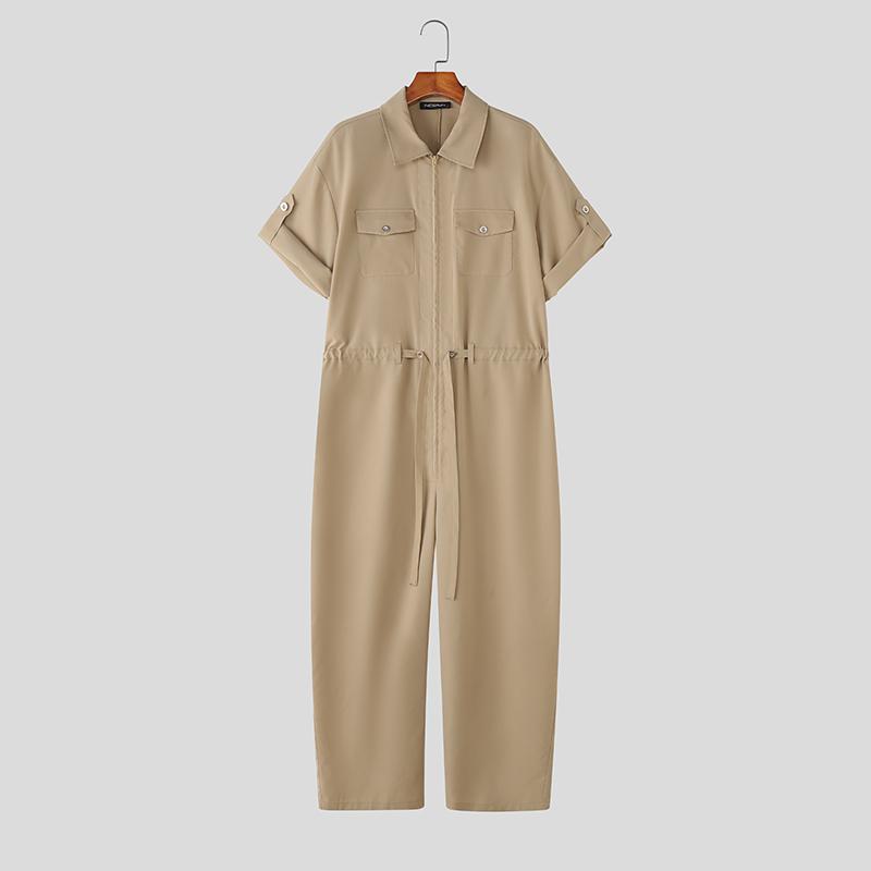 INCERUN Men Short Sleeve Zip-up Jumpsuits Casual Long Cargo Rompers Overalls