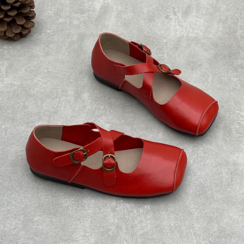 Johnature Handmade Cross Buckle Genuine Leather Soft Soled Flats Square Toe Soft Cowhide Women's Shoes