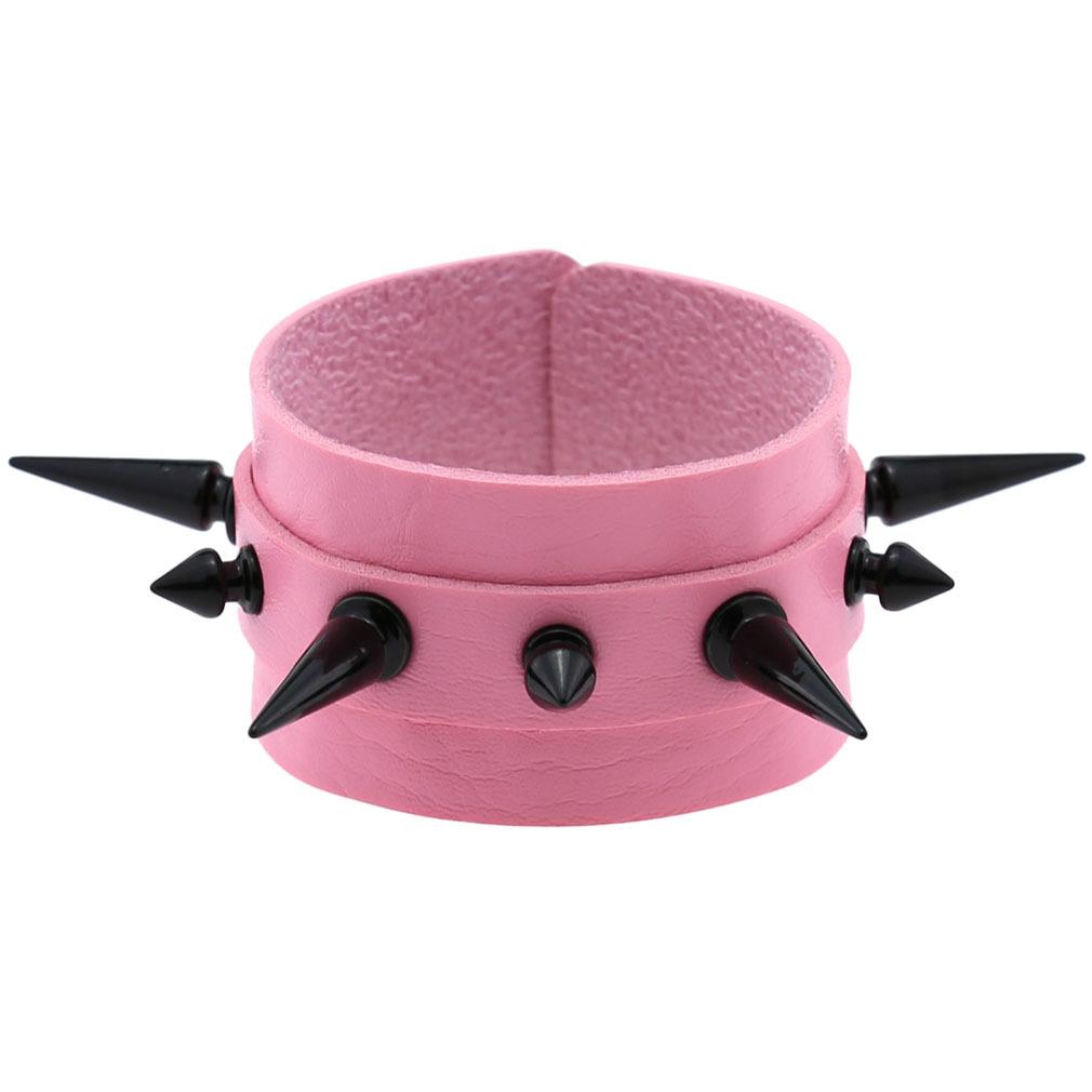 Übertrieben Punk Gotik Rock Schwarz Spitzige Nieten Nieten Breites Lederarmband Armbänder Armreifen Mode Unisex Schmuck pink