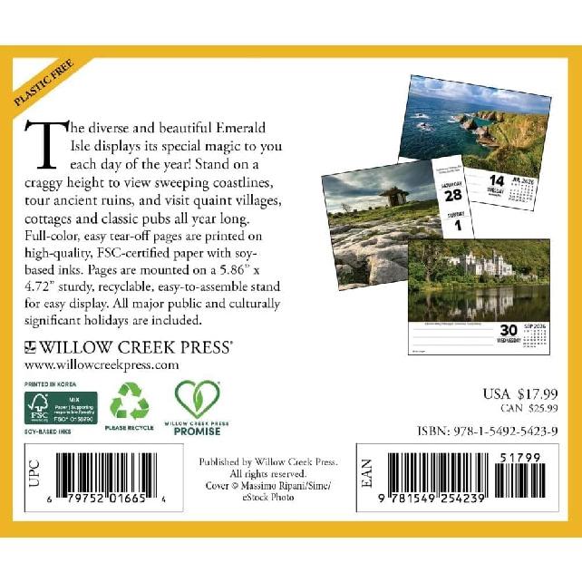 Willow Creek Press, Ireland 2026 Desk Calendar, 6.18'' X 5.43'', Daily Calendar with Adhesive Binding