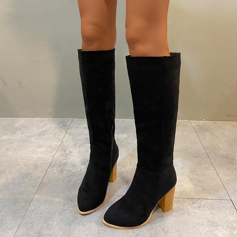 Fashion Retro Tall Boots Fashion Autumn and Winter New Suede Pointed Toe Side Zipper Non-slip Skinny Stack Heel Boots