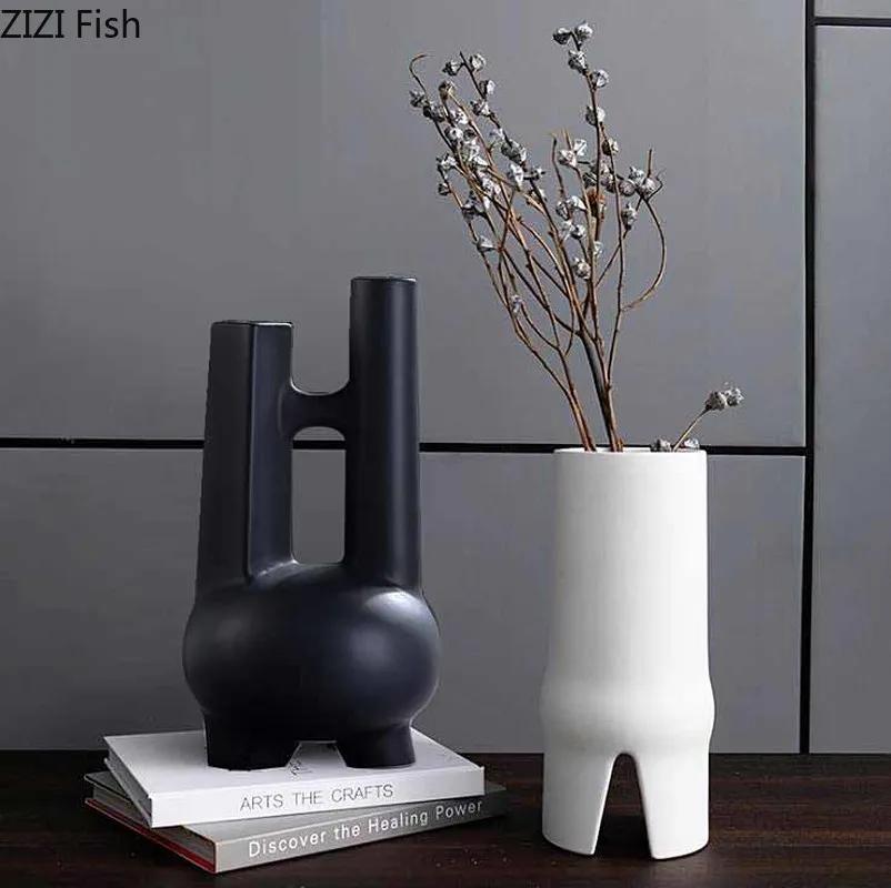 Classic Black and White Striped Ceramic Vase TV Cabinet Porch Furnishings Crafts Countertop Hydroponic Vase Home Decoration Gift