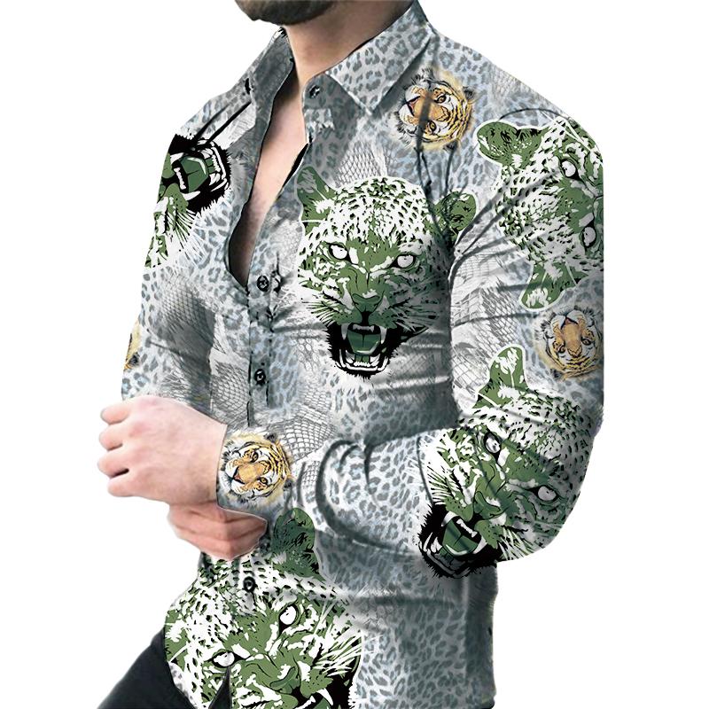 

3D Рубашка с леопардовым принтом, Отпускная микроэластичная рубашка для свиданий, Дышащая мужская рубашка с длинным рукавом 3XL зелёный