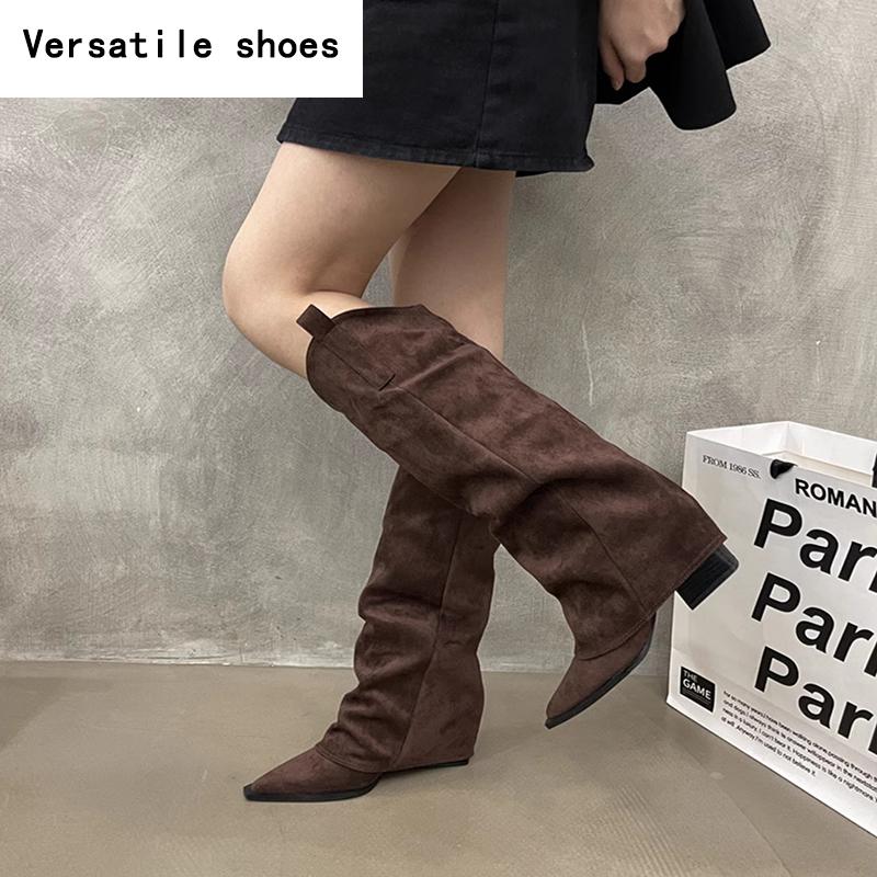 Vinter Designer Dam Knähöga Stövlar Mode Spetsig Tå Slip On Långa Stövletter Designer Tjocka Klackar Botas De Mujer