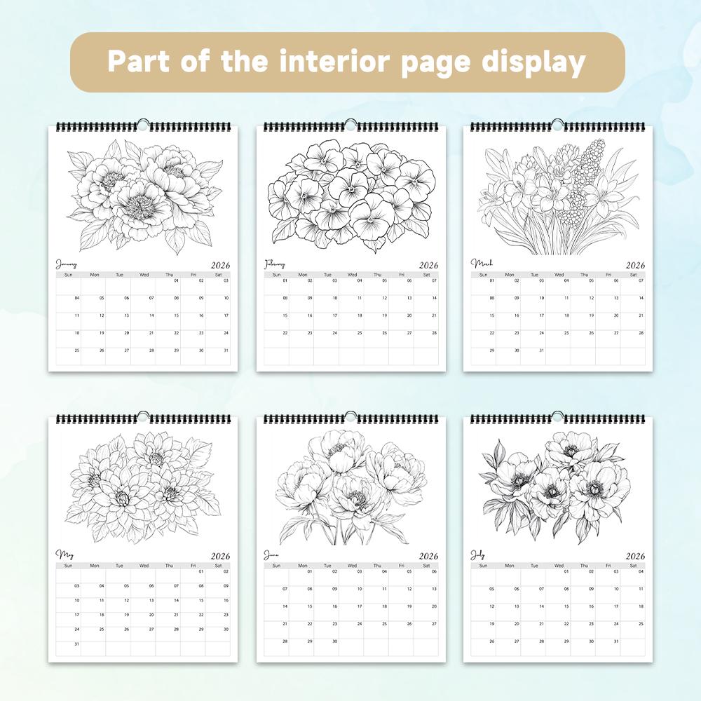 1pc 2026 Hanging Calendar,Floral Coloring Calendar, DIY, Christmas Gift, 12 Beautiful Designs, Perfect for Birthdays & New Year