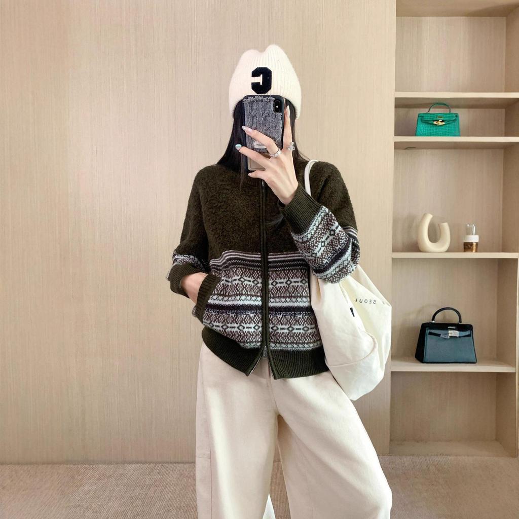 Women's Lambswool Jacquard Knit Cardigan – Heavyweight Stand Collar Winter Sweater Coat