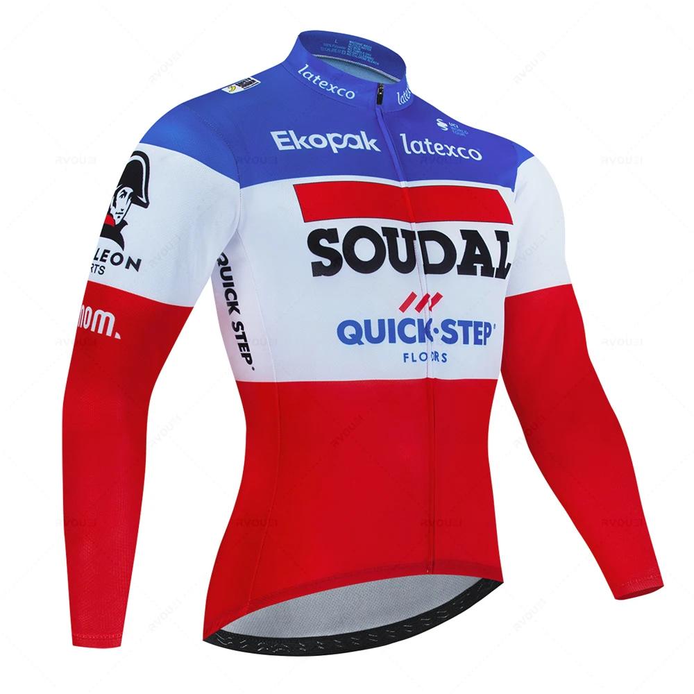 Soudal Quick Step France Jesienny Zestaw Koszulek Rowerowych Ubrania na Rower Szosowy Długi Rękaw Jednolity Strój MTB Spodenki na Szelkach Rowerowe Koszulka Sportowa do Jazdy