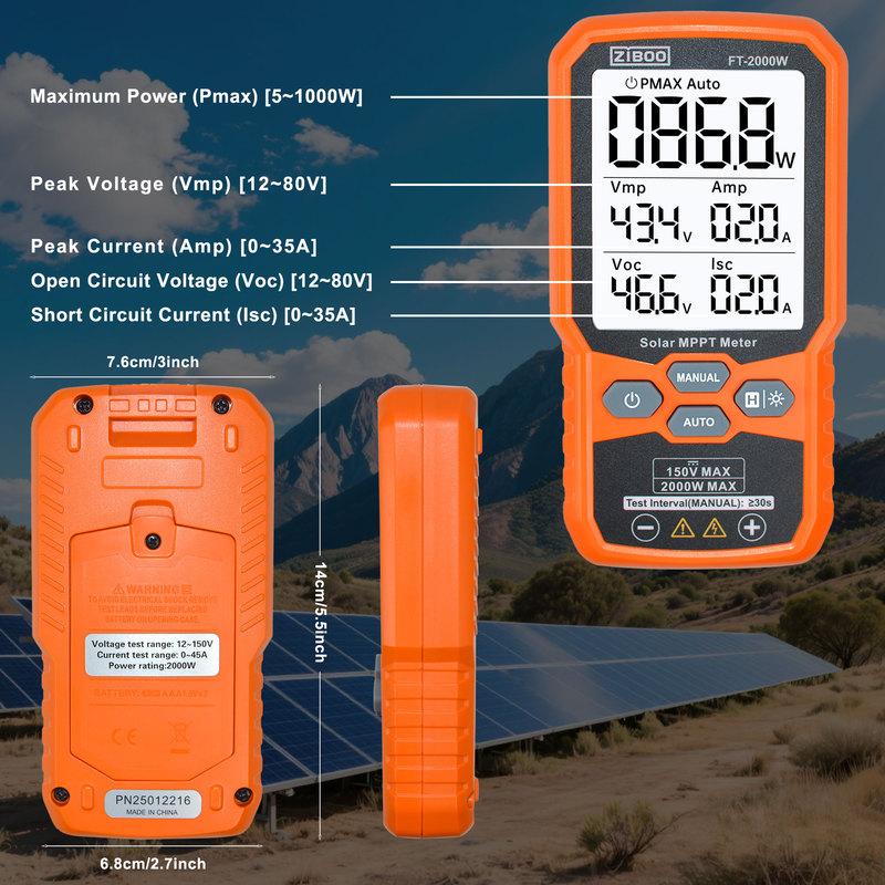 ZIBOO FT-2000W Solar Panel Tester MPPT Meter Open Circuit Voltage & Short Circuit Current, with Backlight & Data Hold,FT-1000W.
