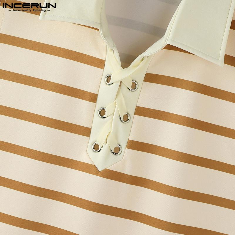 INCERUN Men Lapel Collar Sleeveless Stitching Striped Casual Loose Tank Tops