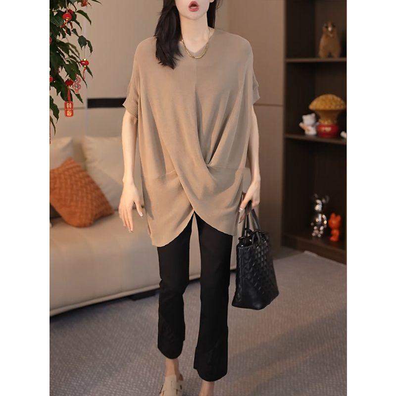 Dámské letní pletené topy s křížovým designem pro větší velikosti, dámské ležérní volné tričko s netopýřím rukávem