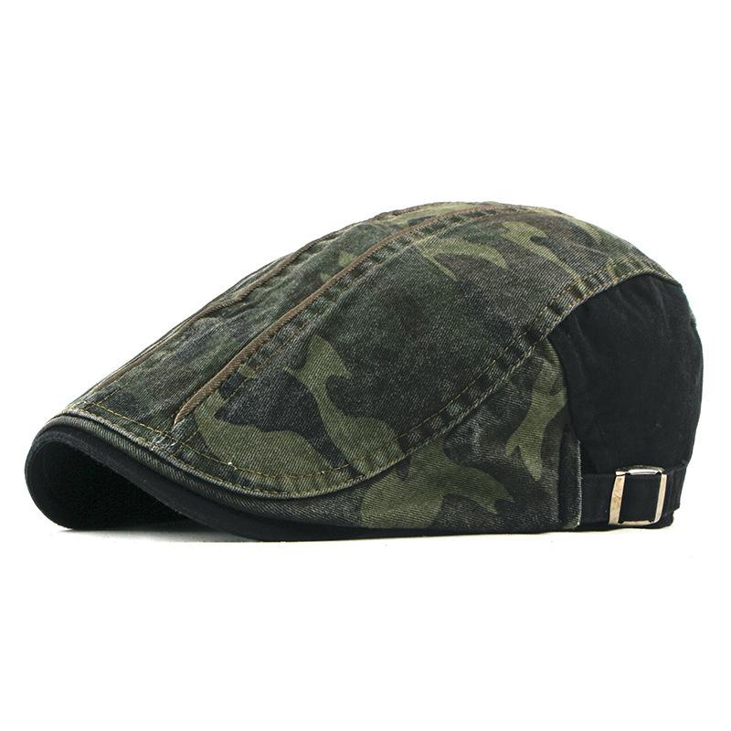 Unisex Camouflage Washed Cotton Flat Cap Retro Beret Newsboy Cap Outdoor Tactical Duckbill Hat Adjustable Military Style Forward Cap