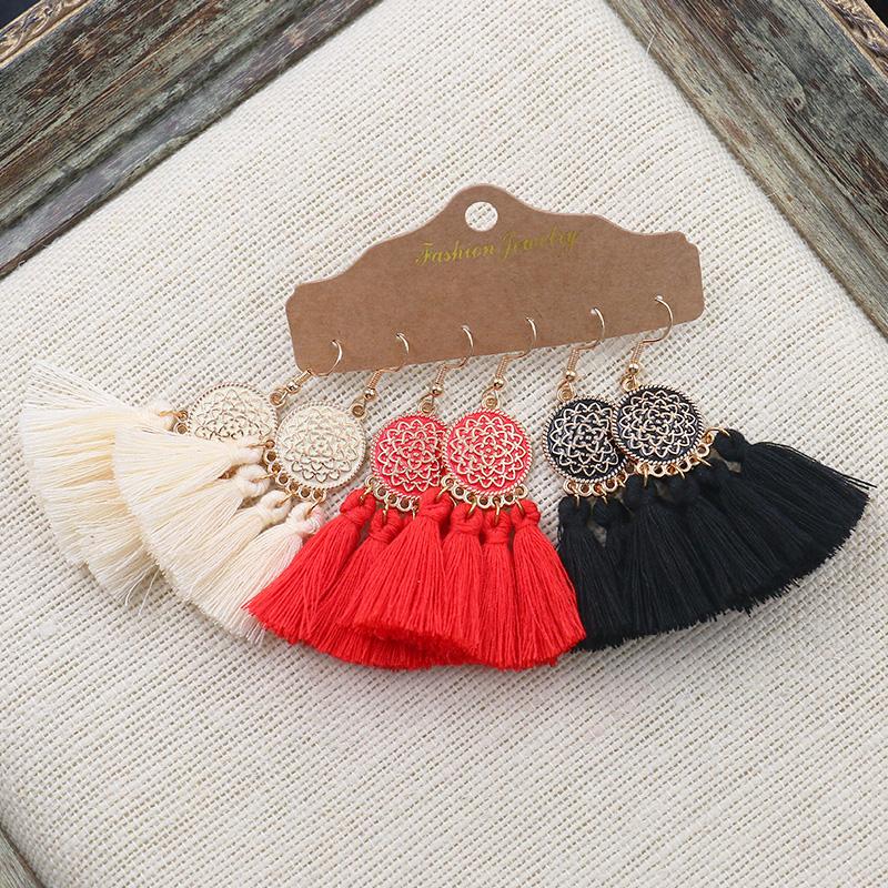 Bohemian Round Colored Glaze Alloy Earring Set Retro Ethnic Style Long Tassel Earrings Women's Girls' Personalized Zircon