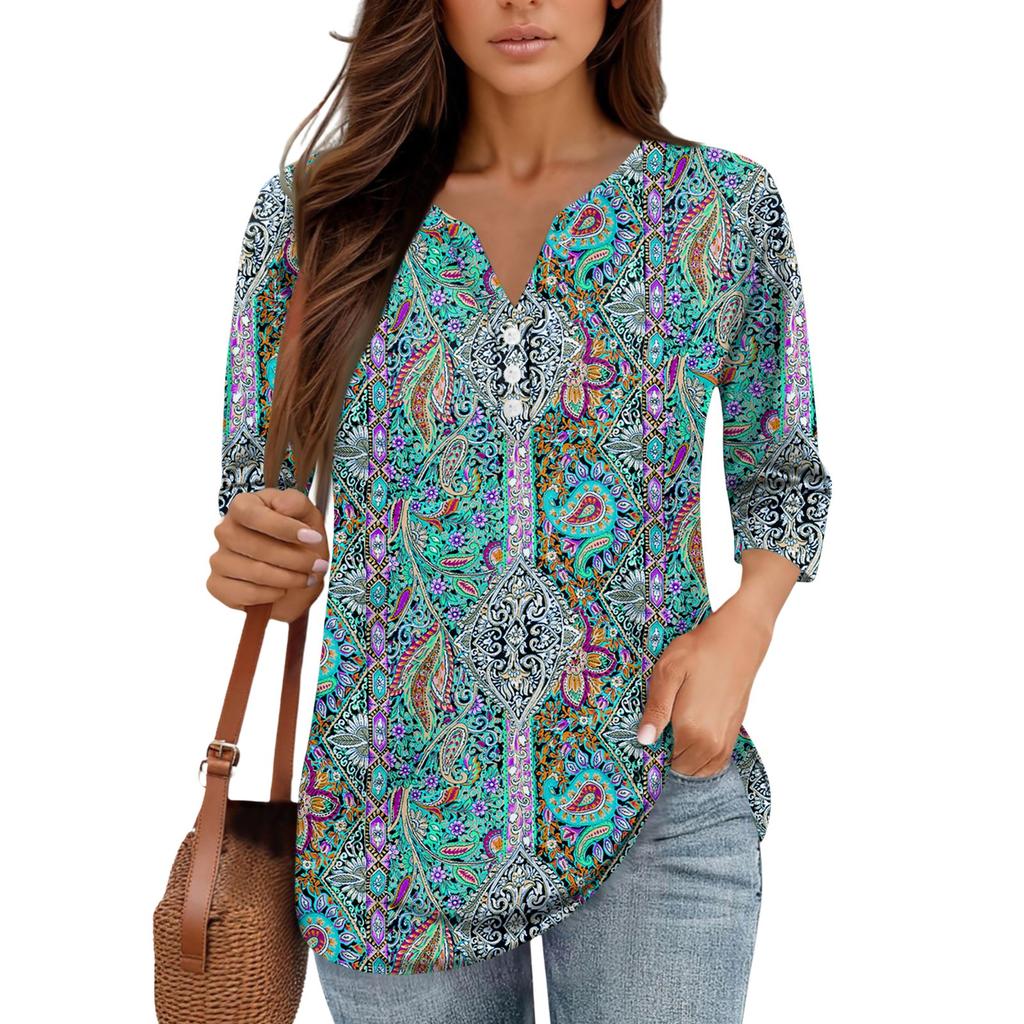 3/4 Length Sleeve Women's Tops Print Vintage Fashion Casual Loose With V Neck Plus Size Shirts Tops