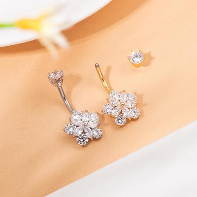 Ding Pei Stylish Zircon Flower Navel Piercing Stainless Steel Ring