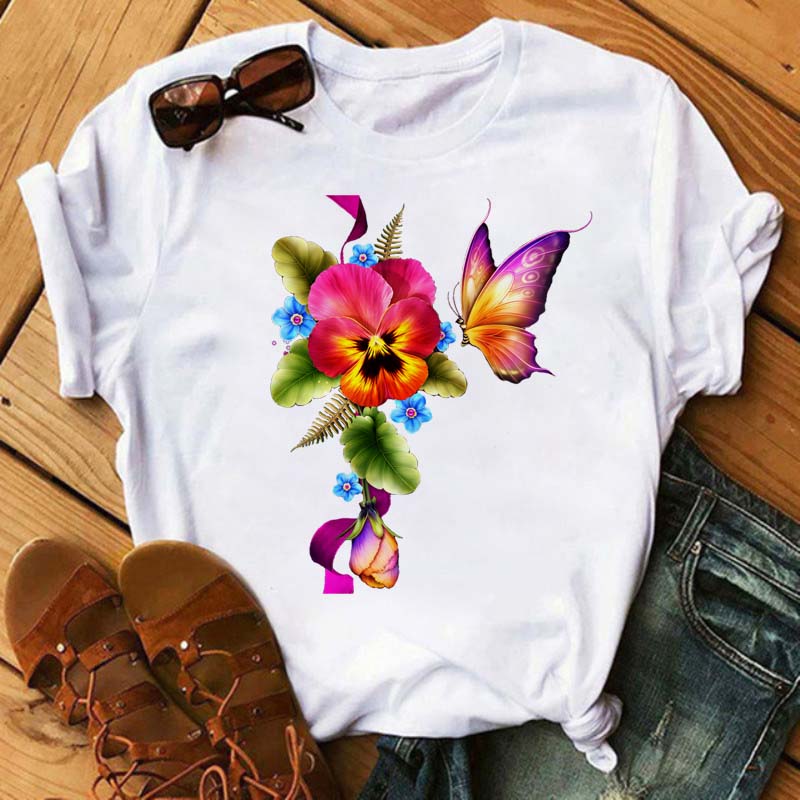 Women Flower Butterfly Fashion Print T Shirt Casual Short Sleeve Ladies T Tee Female Top Shirt Clothes Womens Graphic T-shirt