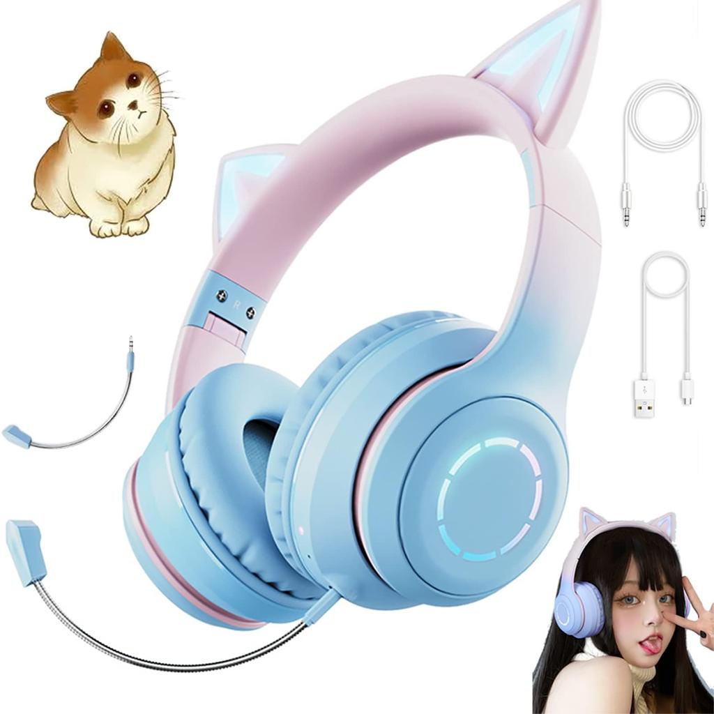 Cute Cat Ear Headphones, Bluetooth 5.1 Wireless Headphones with Detachable Noise-Canceling Microphone, HiFi Stereo, WiredWireless, Dual-Use Gaming
