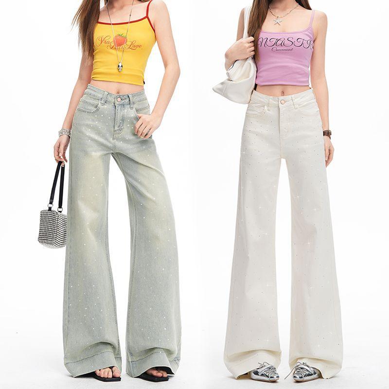 Spring Full Star Rhinestone Non Cling High Waist Floor Micro Flare Shiny Denim Pants For Ladies Casual Pants Oversize Denim Trousers