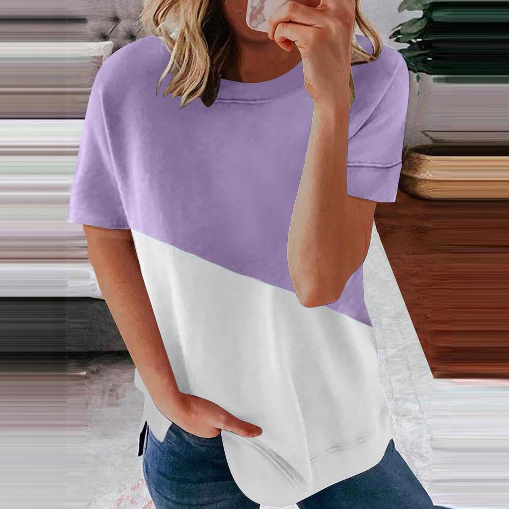 Women's Casual Fashion Short-Sleeved Stitching Round Neck Pullover Thin T-shirt