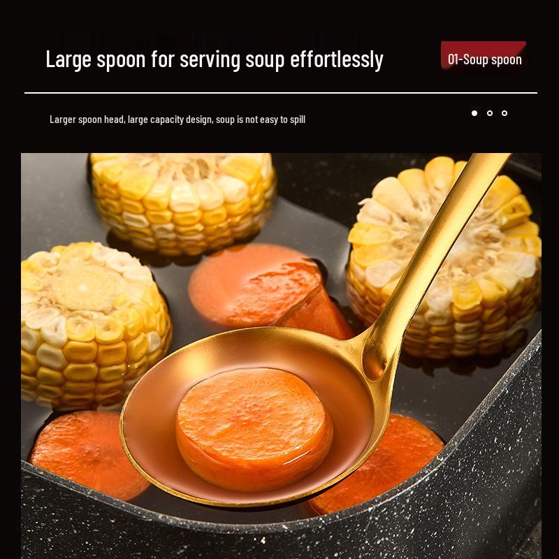 Korean Style Gold-Plated Stainless Steel Kitchen Utensil Set: Non-Magnetic Ladle, Slotted Spoon, and Frying Spatula.
