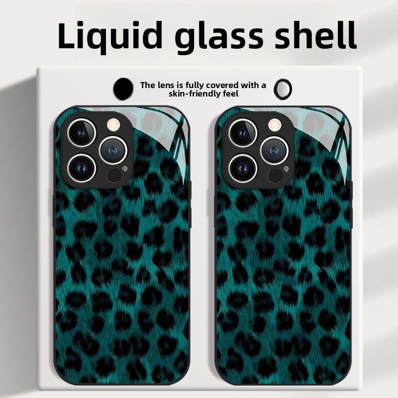 Dark green leopard print tempered glass phone case suitable for iPhone 17 16 15 14 13 12 11Pro Max Plus anti drop and shockproof