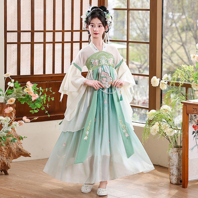 Green Hanfu Girl's Spring Autumn Ancient Style Chinese Tang Suit Fairy Dress