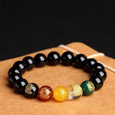 Bracciale a Cinque Vie del Dio della Ricchezza in Ossidiana Nera per Uomini e Donne, Gioielli con Perline Portafortuna, Bracciale Anno di Nascita
