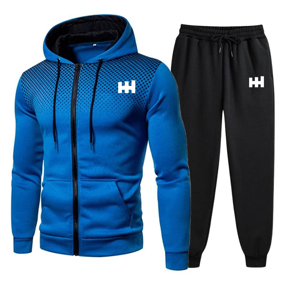 

Hot Selling Men s Sports Suit, Trendy Printed Casual Zipper Hooded Jacket+jogging Pants Set, Daily Activity Sports Shirt Jacket Set M синій