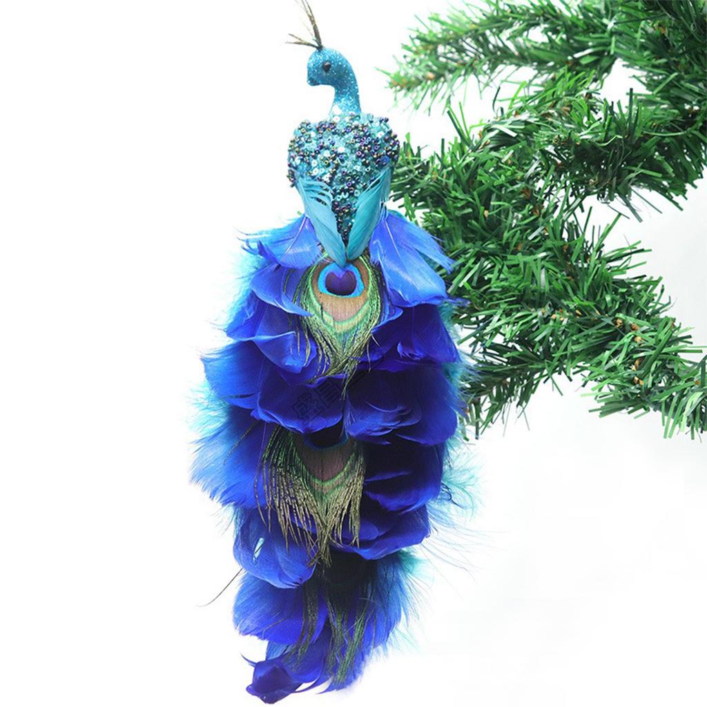 2PCS Simulation Peacock Bird Statue Glitter Clip On Artificial Feathered Peacock with Long Tail for Xmas Tree Holiday