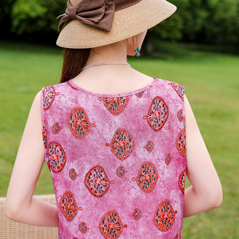 Elegant Sleeveless Dress for Women Plus Size Loose Vintage Print Long Dress Summer Middle-aged Women's Clothing