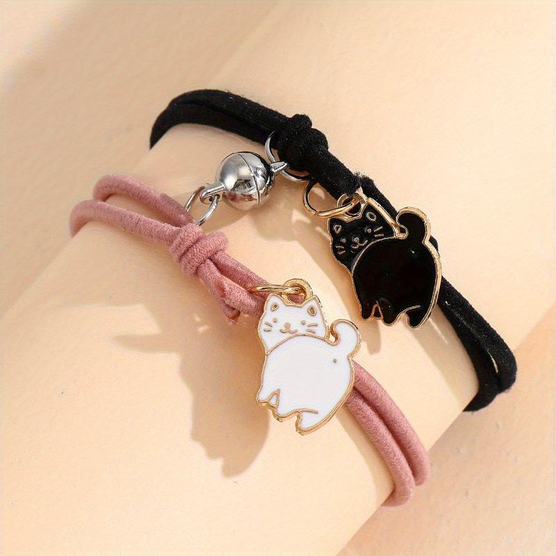 2 Pcs Romantic Originality Animals Couple Bracelet for Women Cute Small Cat Double Layer Braided Friendship Hand Rope Bracelet