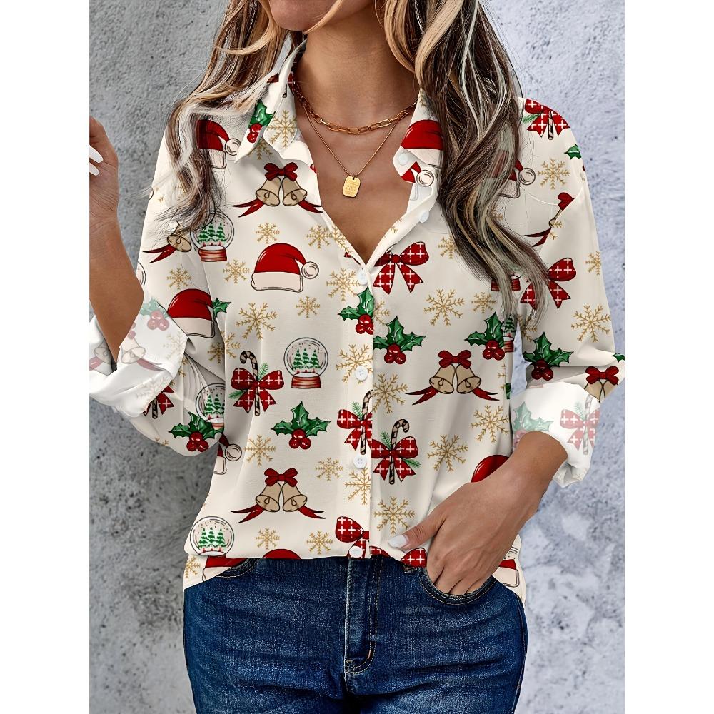 Christmas Women s 3D Printed Snowman Snowflake Long Sleeve Shirts Casual Christmas Blouse for Party S