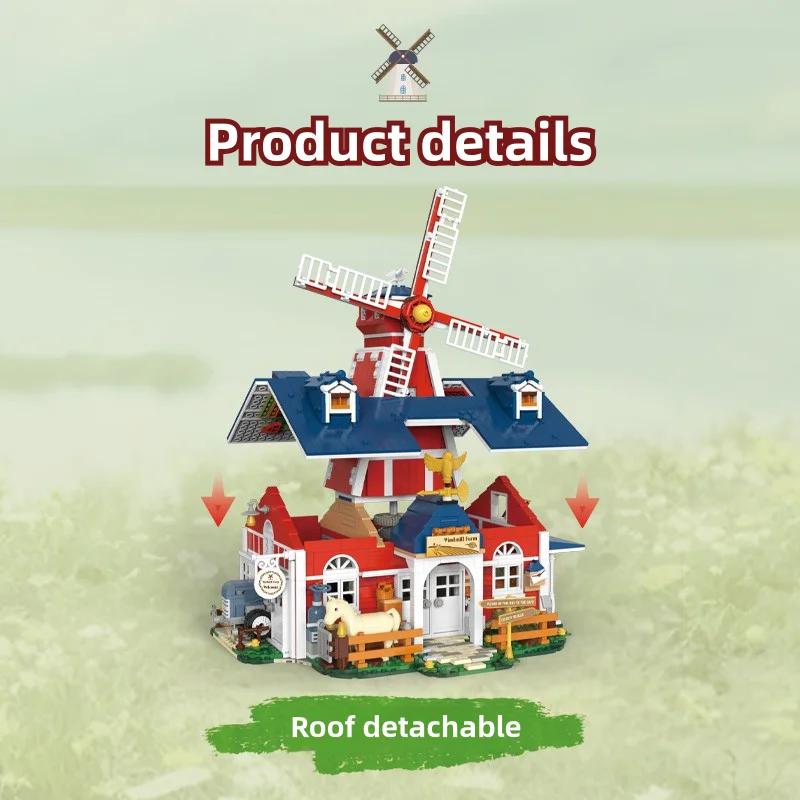 Non-Toxic 1810Pcs Windmill Farm Building Blocks Garage Stable Hut Model Bricks Set With Usb Light Kids Educational Diy Toys Holiday Gifts