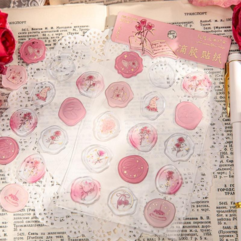 2pcs Roses Series Drip Glue Flat Sheet Sticker Relief Hot Stamping Notebook Gift Decoration Sticker