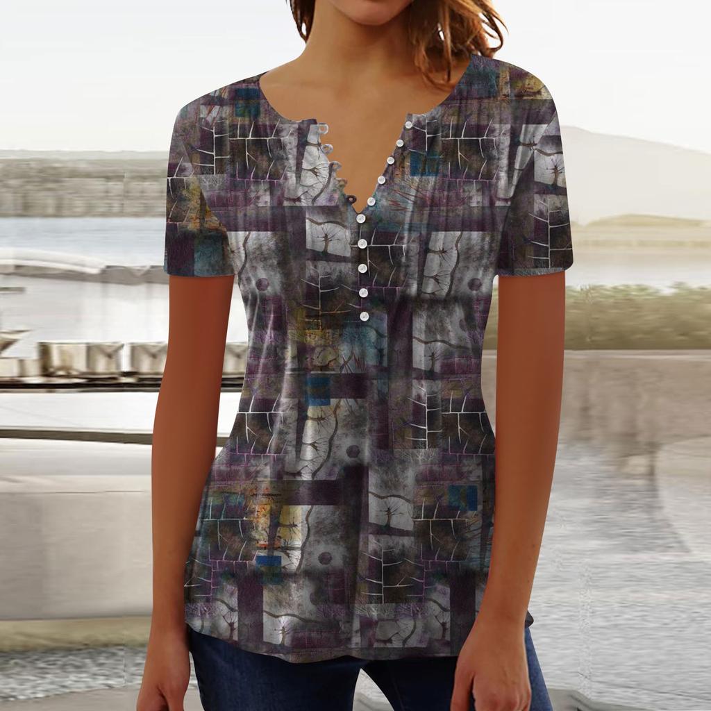Women's Shirt Blouse Button Retro Print Short Sleeve Casual Basic Round Neck Regular Top