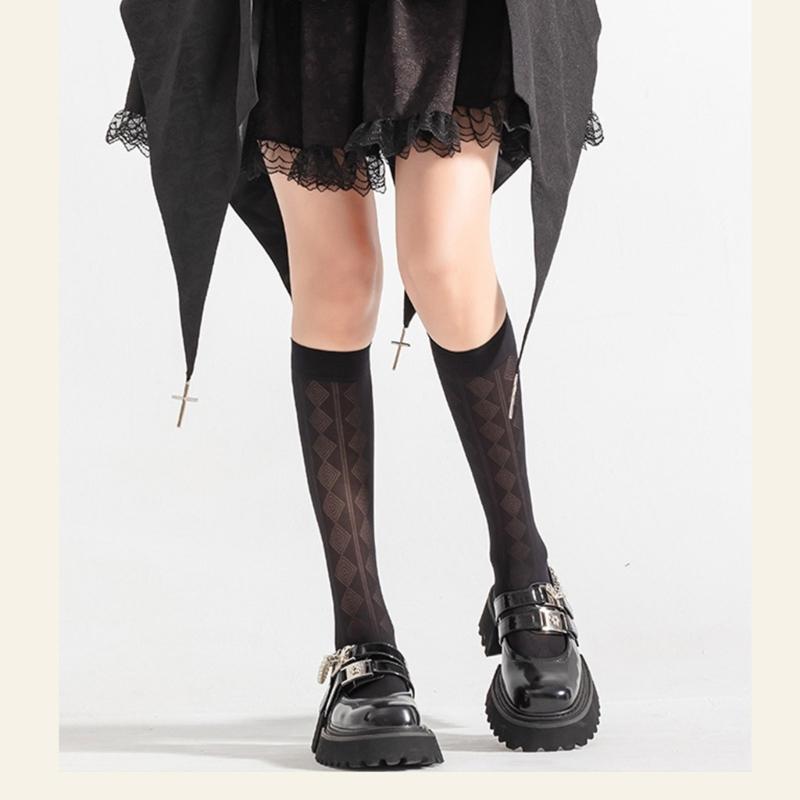 Summer Thin Silk Solid Over the Calf Socks for Womens Japanese Style JK Diamond Striped Pattern Student Long Stockings
